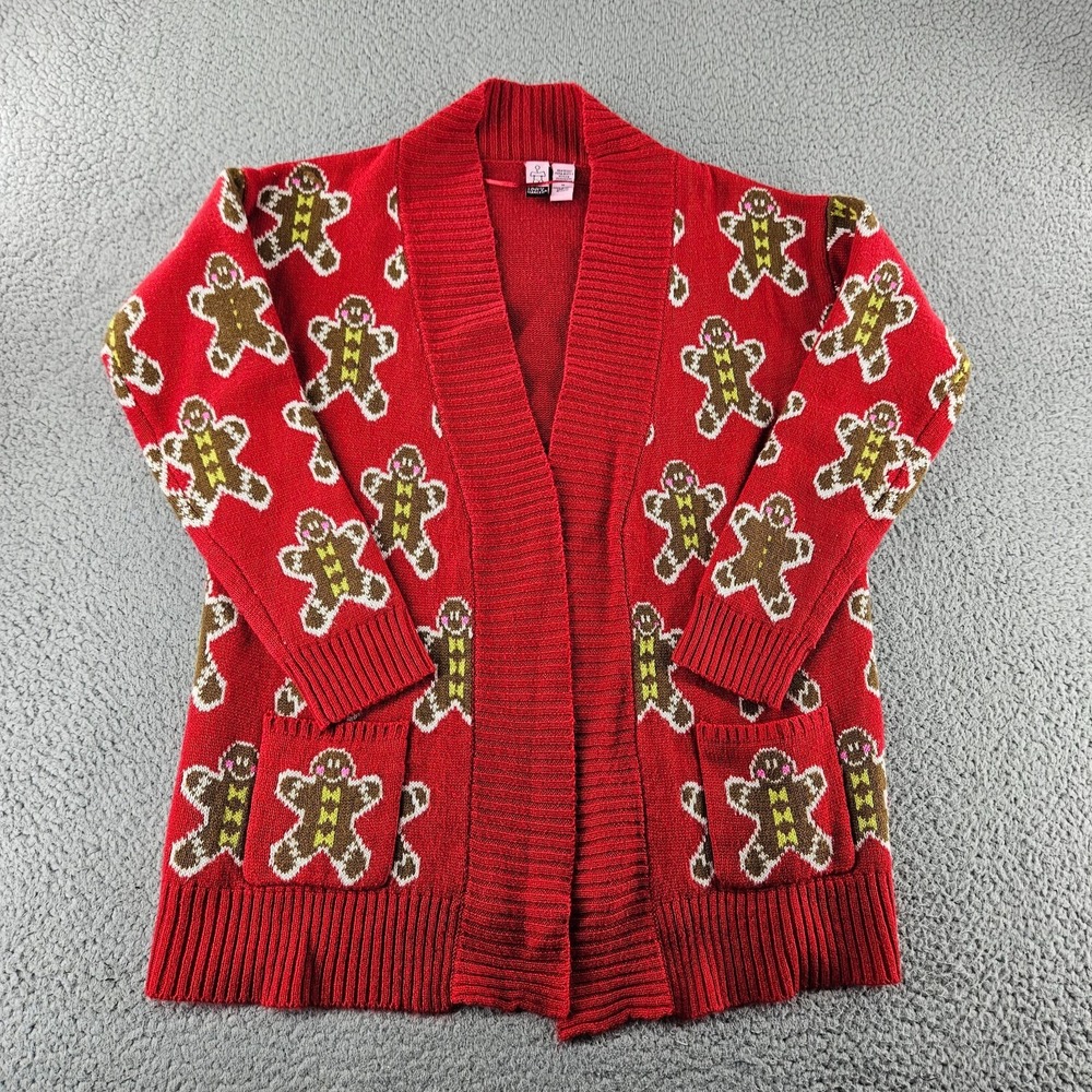 Love On a Hanger Christmas Cardigan Womens Medium Red Gingerbread Man Holiday